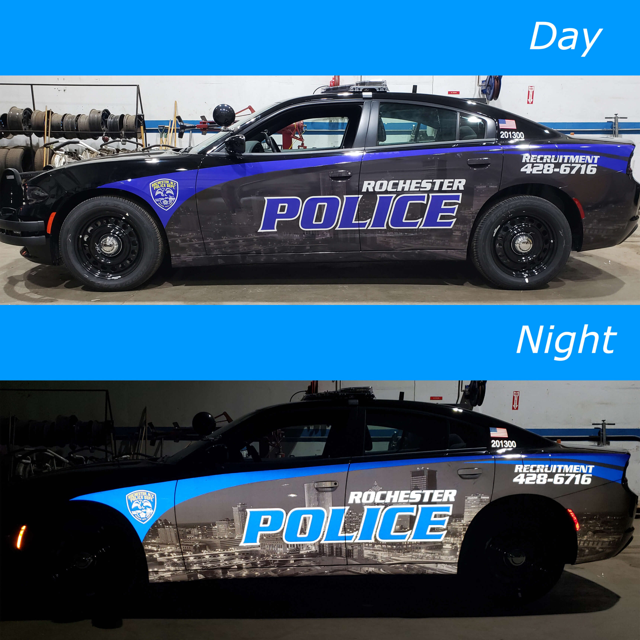 day and night Rochester Police car vehicle graphics wrap with reflective vinyl comparison